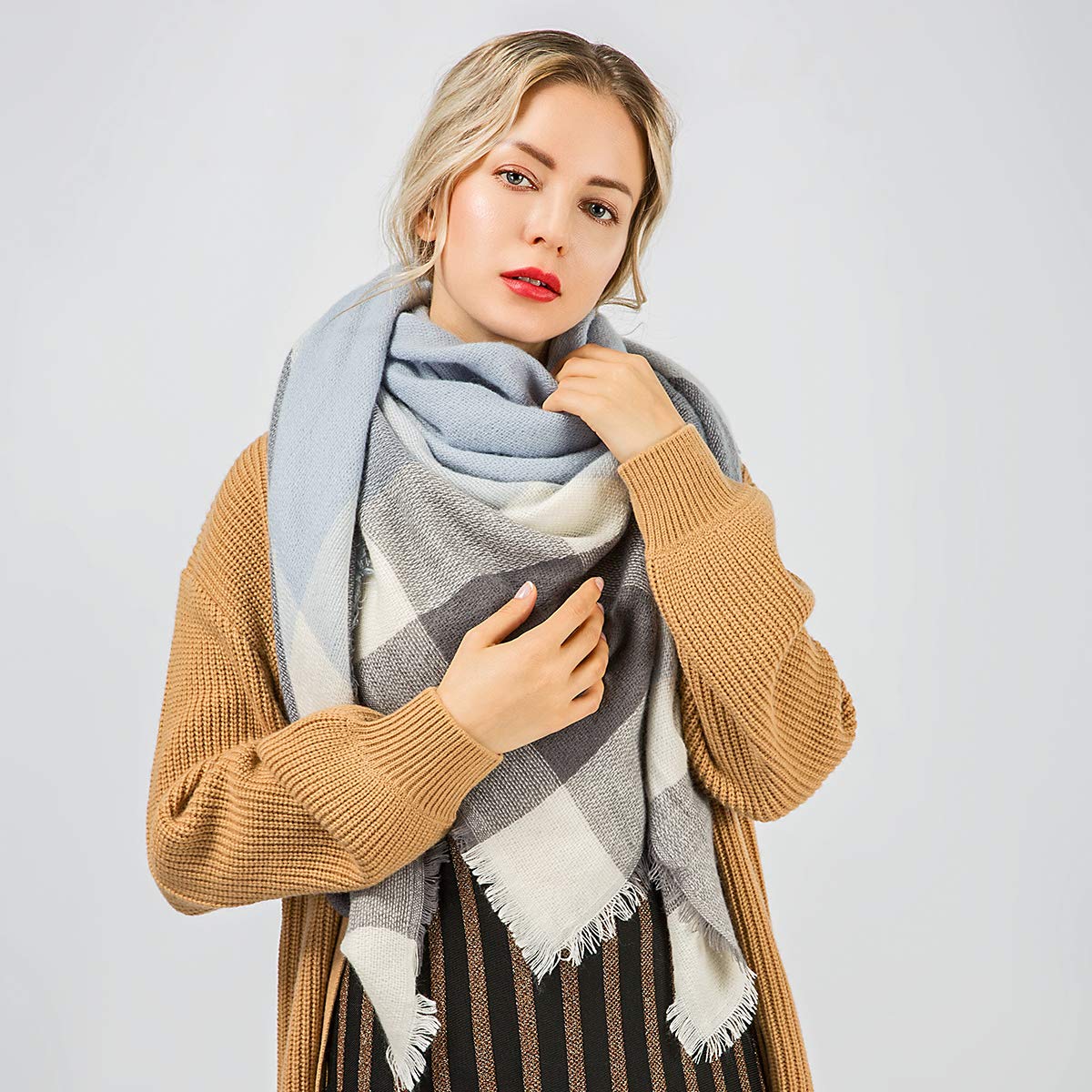 Plaid Scarf yeabiu Women Scarf Long Blanket Scarves Warm Tartan Checked Shawl Poncho Cape(Blue Grey)