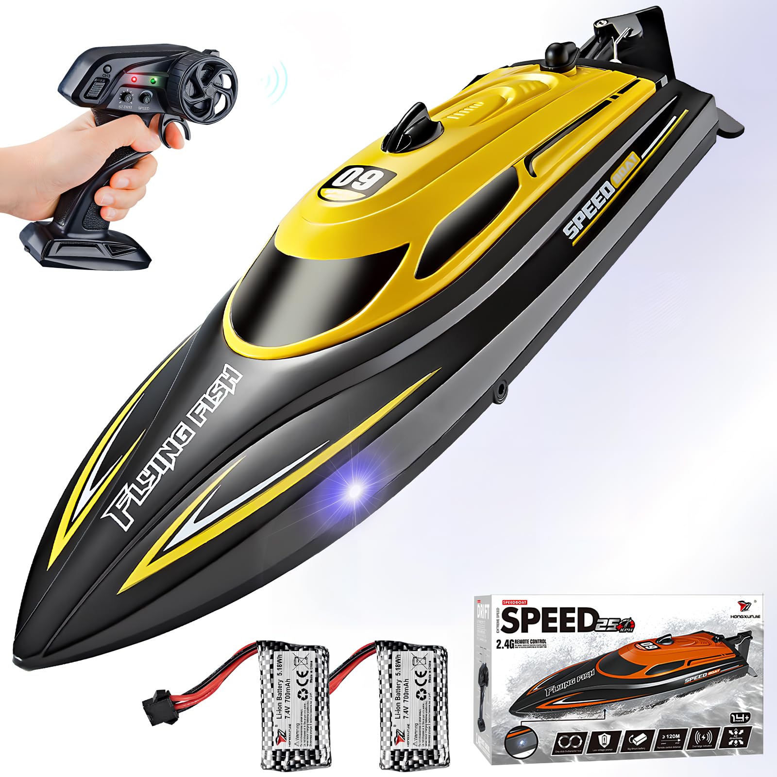 Photo 1 of RC Boat with 2 Rechargeable Battery, 20+ MPH Fast Remote Control Boat for Pools and Lakes, 2.4G RC Boats Pool Toys for Adults and Kid (812-Yellow)