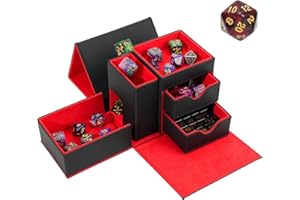 STEPANE Dice Tray & Dice Tower Storage Box, 3 in 1 Dice Holder Case (Dice Rolling Tray, Dice Rolling Tower, Dice Storage Drawers), Leather Magnetic Closure DND Accessories Gifts for RPG MTG, Black/Red