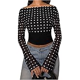 Floerns Women's Polka Dots Off The Shoulder T Shirt Long Sleeve See Through Going Out Tops