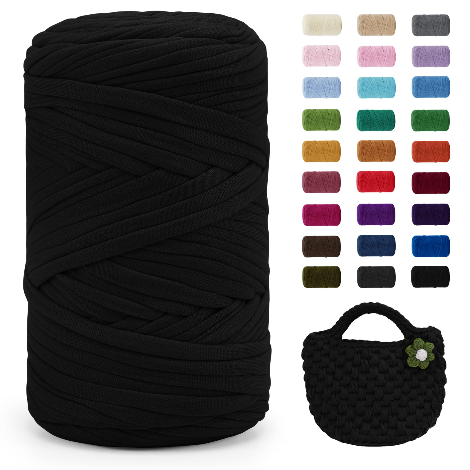 Uiopa Black T-Shirt Yarn, 400g/120m Elastic Fabric Crochet Cloth T Shirt Yarn, Chunky Hand Knitting Polyester Ribbon for Crocheting Bags/Baskets/Rugs, Home Decor, DIY Crafts