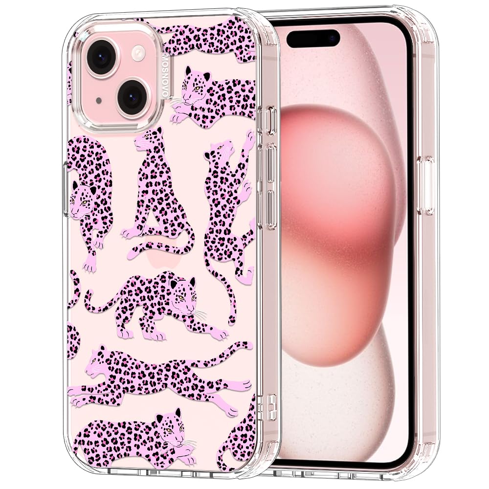 MOSNOVO Case for iPhone 15, [Buffertech 6.6ft Military-Grade Drop Protection] [Anti Peel Off Tech] Clear TPU Bumper Phone Case Cover Design - Pink Leopard — image 1
