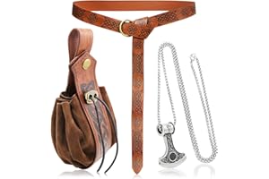 RECHICGU 3 Pieces Medieval Viking Leather Belt, Retro Drawstring Belt Bag Pouch and Stainless Steel Chain Axe Necklace, Renaissance Knight Accessories Set for LARP Ren Faire Costume Brown