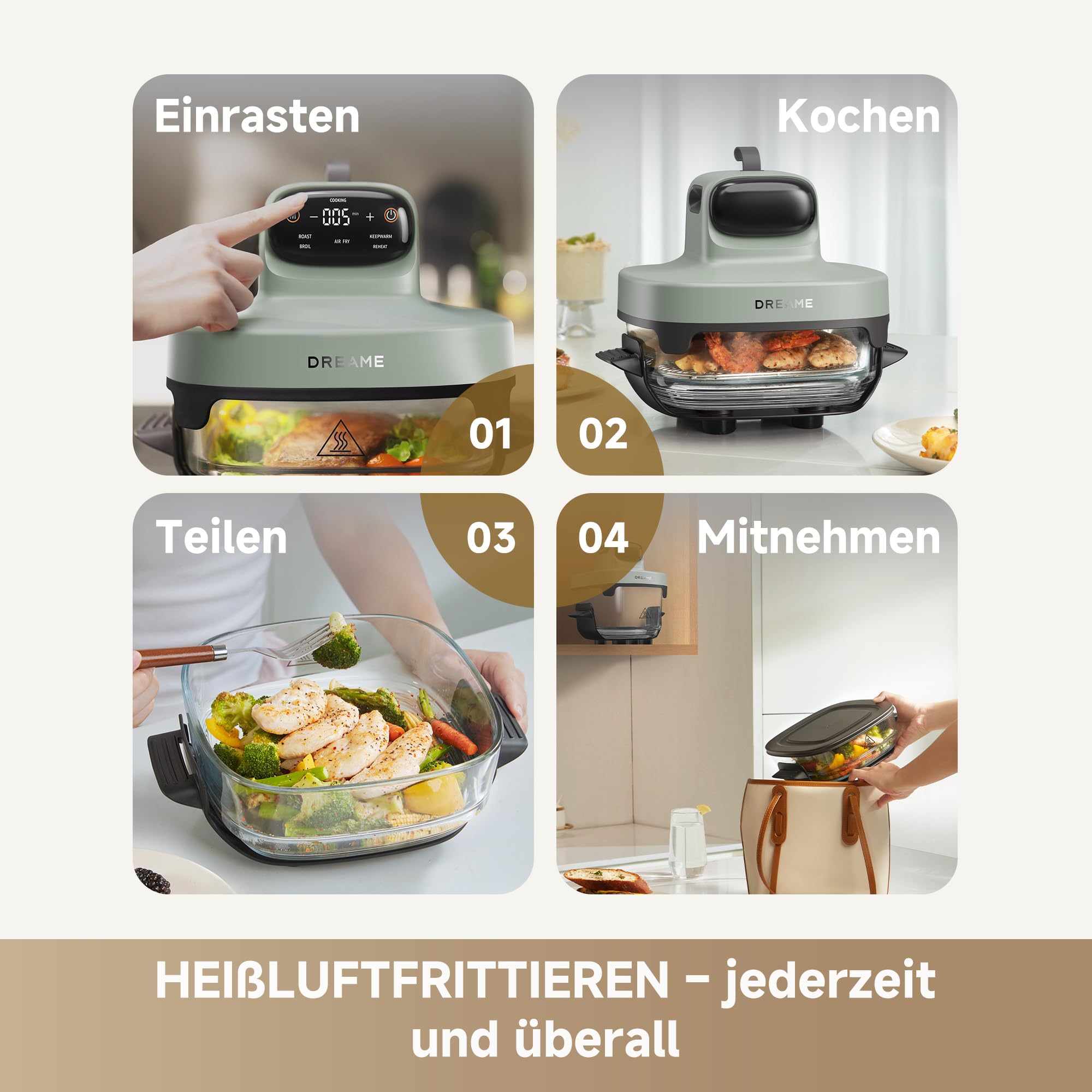 dreame Tasti AirFryer 5-in-1 tragbare Glas-Heißluftfritteuse, Zwei-Behälter-Setup (2,5 L + 4,5 L), 6 mm Borosilikatglas, 3D-Heißluft-Umwälzung, spülmaschinengeeignet, 360°-Panorama-Ansicht, abnehmbar 3
