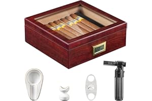 Flauno Cigar Humidor Box with Torch Lighter, Cigar Cutter, Cigar Ashtray, Cigar Holder, Digital Hygrometer, Divider, Spanish Cedar Wood, up to 60 Cigars, High Gloss Finish Cigar Box for Africionado