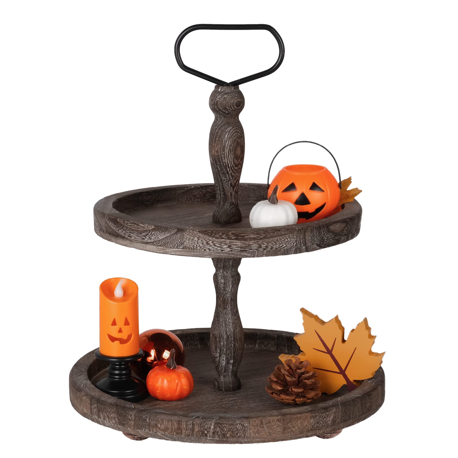 Photo 1 of Mustry Rustic Wooden 2 Tiered Tray, Round Farmhouse Kitchen Table Decor Serving Tier Tray, Food Fruits Cupcake Display Coffee Bar Home Party Seasonal Decorations (Brown)