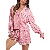 Argeousgor Women Cute Silk Pajamas Set Bow Pjs Long Sleeve Button Down Shirt Shorts Heart Lounge Set Sleepwear