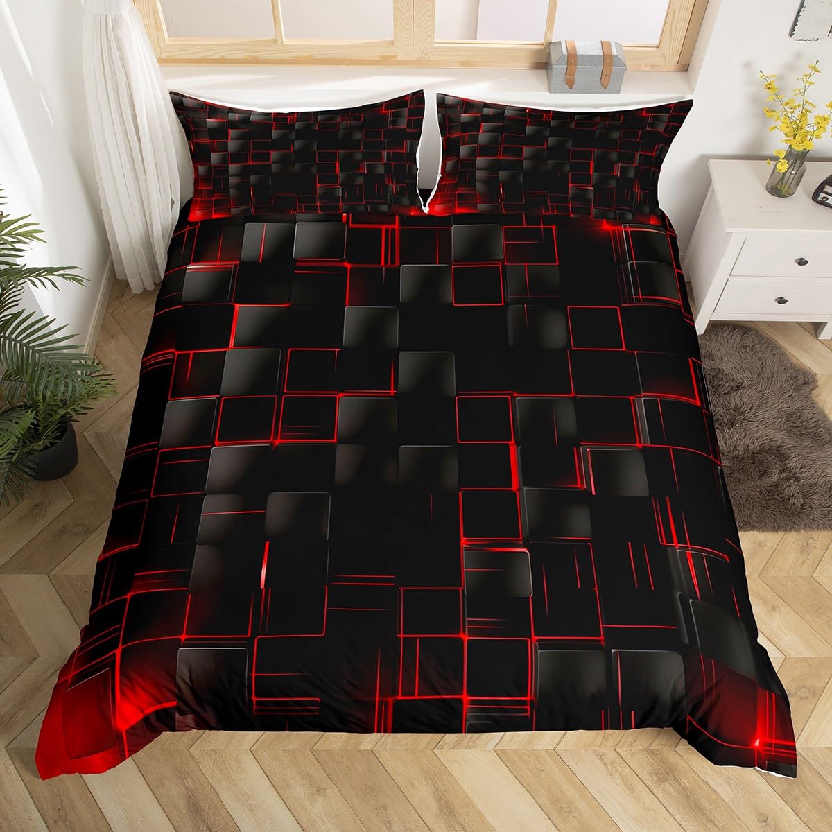 Abstract Duvet Cover Set Super King Size, Modern Geometric Square Grid Bedding Set 3pcs for Kids Boy Girls Bedroom Decor, Red and Black Comforter Cover Soft Polyester Quilt Cover with 2 Pillowcases — image 1
