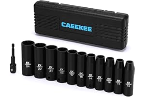 CaeeKee 12-Piece 1/2" Drive Deep Impact Socket Set, Metric (10mm - 24mm), 12-Point, Cr-V Steel, Includes Drill Socket Adapter