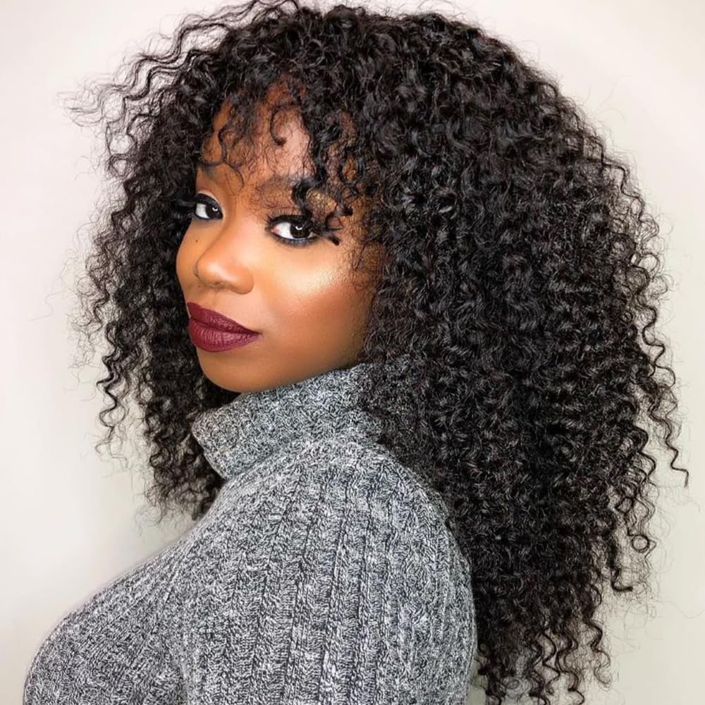 Photo 1 of Used***
BLY Human Hair Kinky Curly Wig with Bangs 16 Inch Wear and Go Glueless Curly Wigs with Scalp Top Human Hair Wigs for Women 180 Density Natural Black Color