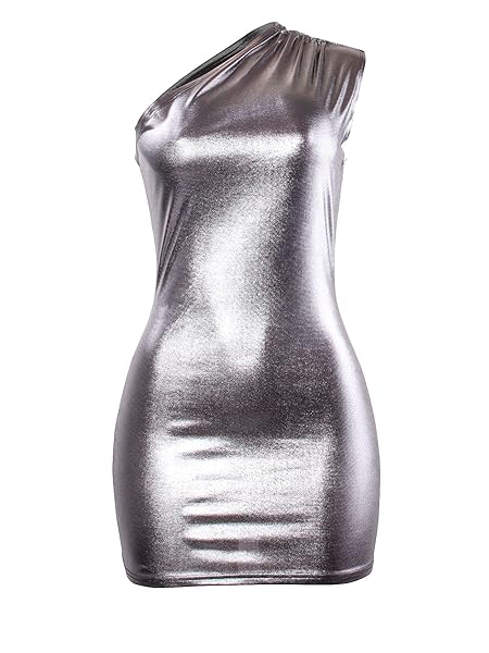 SOLY HUX WOMEN’S ONE SHOULDER METALLIC BODYCON MINI DRESS SLEEVELESS SEXY CLUB PARTY TANK DRESSES PLAIN SILVER L
