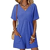 AlvaQ Rompers for Women 2025 Summer Casual V Neck Short Sleeve Romper Overalls Shorts with Pockets Beach Vacation Outfits Blue X-Large