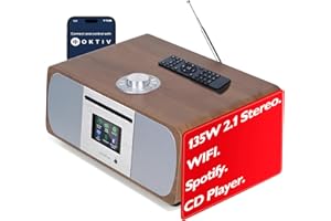 Lemega M5P Upgrade Internet Radio with CD Player, Powerful 2.1 Stereo System,Spotify HiFi, Bluetooth, FM Radio, Acoustic Wood Cabinet,50 Presets, Headphone Jack,OKTIV APP Control - Walnut