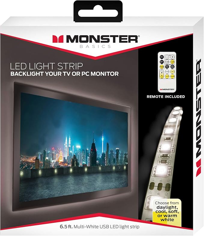 Amazon Com Monster Illuminessence 6 5 Foot Multi White Usb Led Light Strip Device Backlight Modifiable Light Effects Multiple Shades Flash Speed Adjustment Remote Control Included Home Improvement