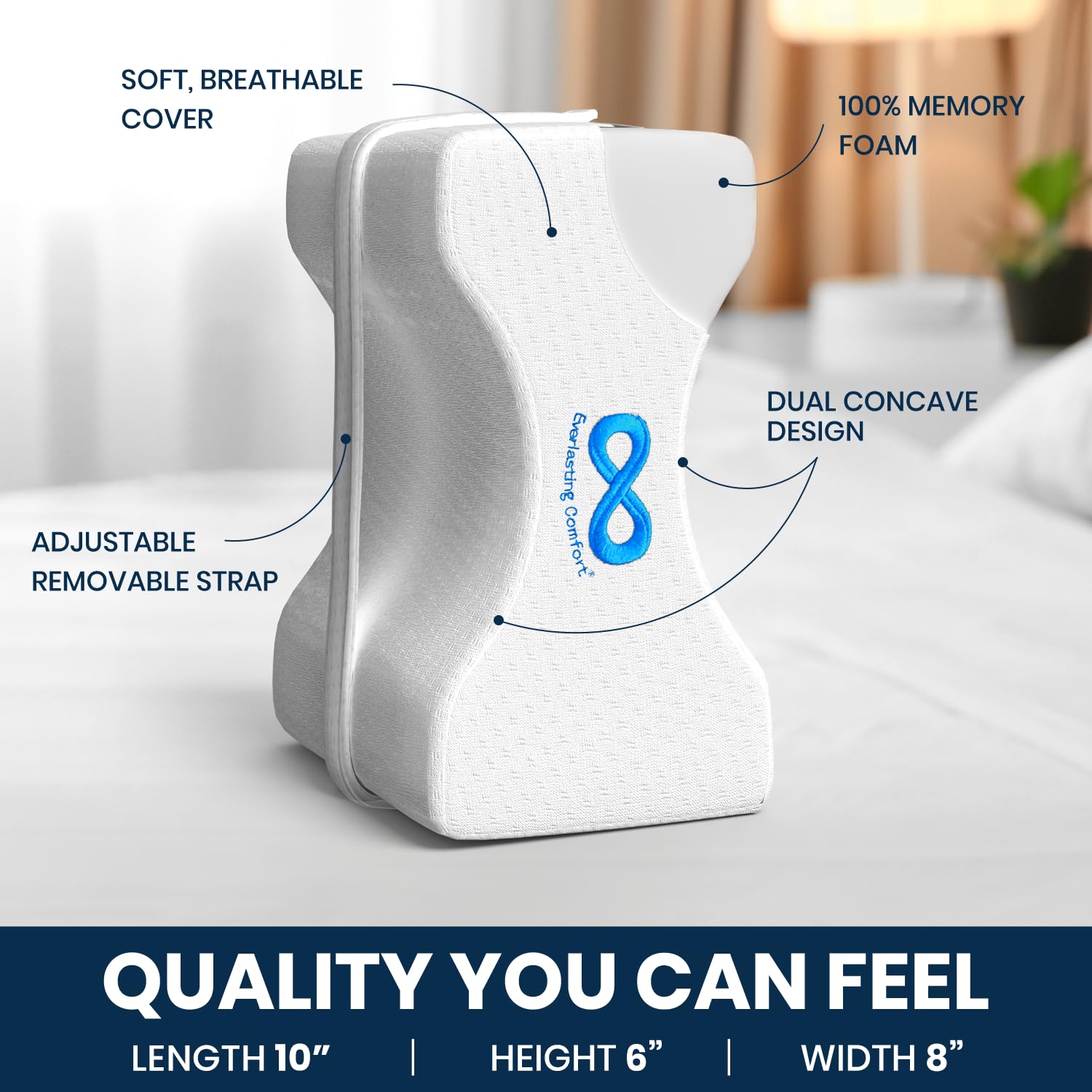 Everlasting Comfort Memory Foam Leg & Knee Pillow for Side Sleepers - Sciatica Pain Relief Leg Pillow for Side Sleeping - Adjustable Strap