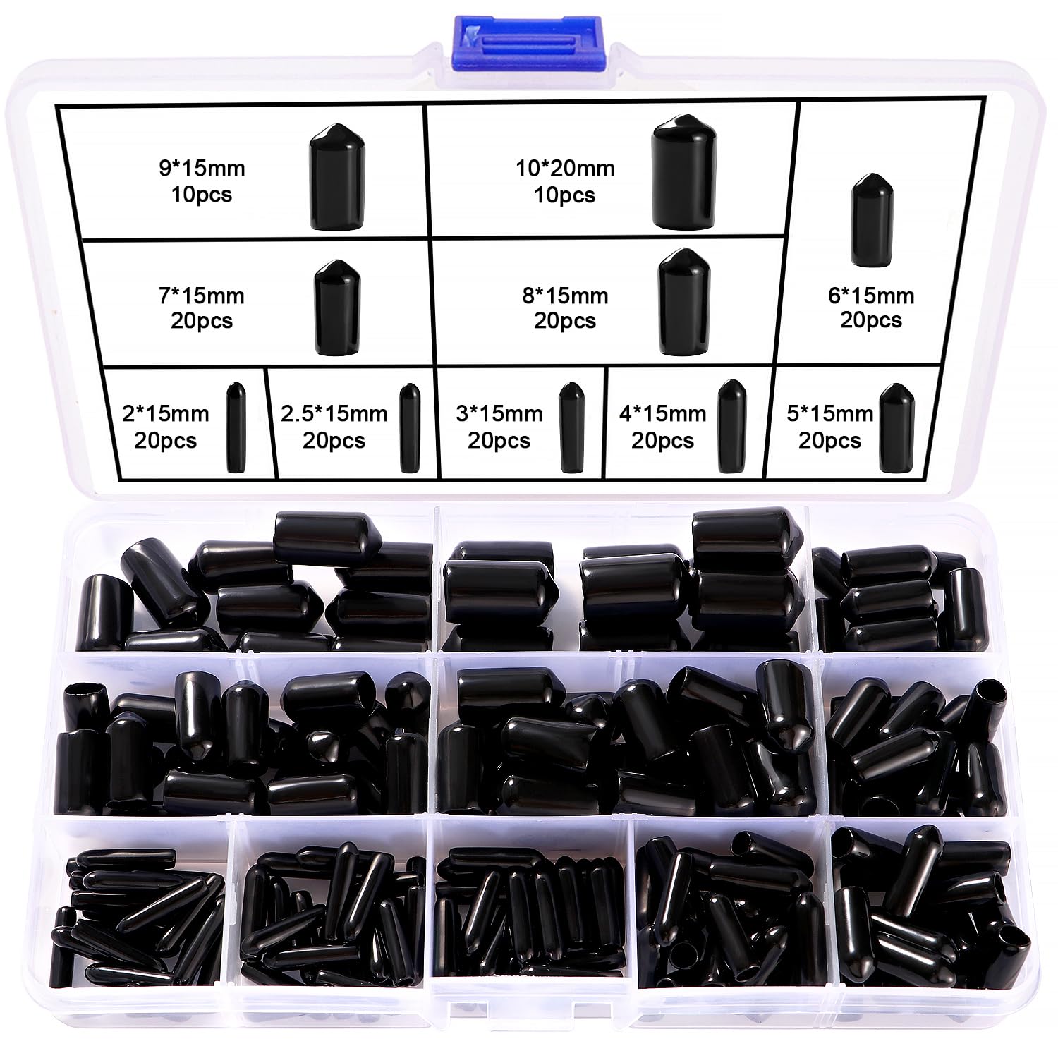 YIXISI 180 PCS 10 Sizes 2-10 mm Rubber End Caps Assortment Kit, Round Flexible Screw End Caps Thread Protectors, Round Vinyl Flexible End Caps, for Protection of Screws, Tubes, Cables, Wires, Black