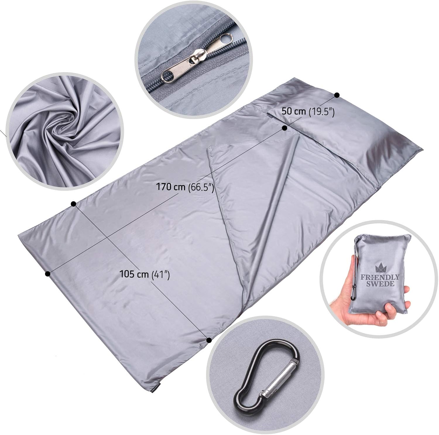The Friendly Swede Sleeping Bag Liner - Travel and Camping Sheet, Pocket-Size, Ultra Lightweight, Silky Smooth (Grey with Zipper) : Sports & Outdoors
