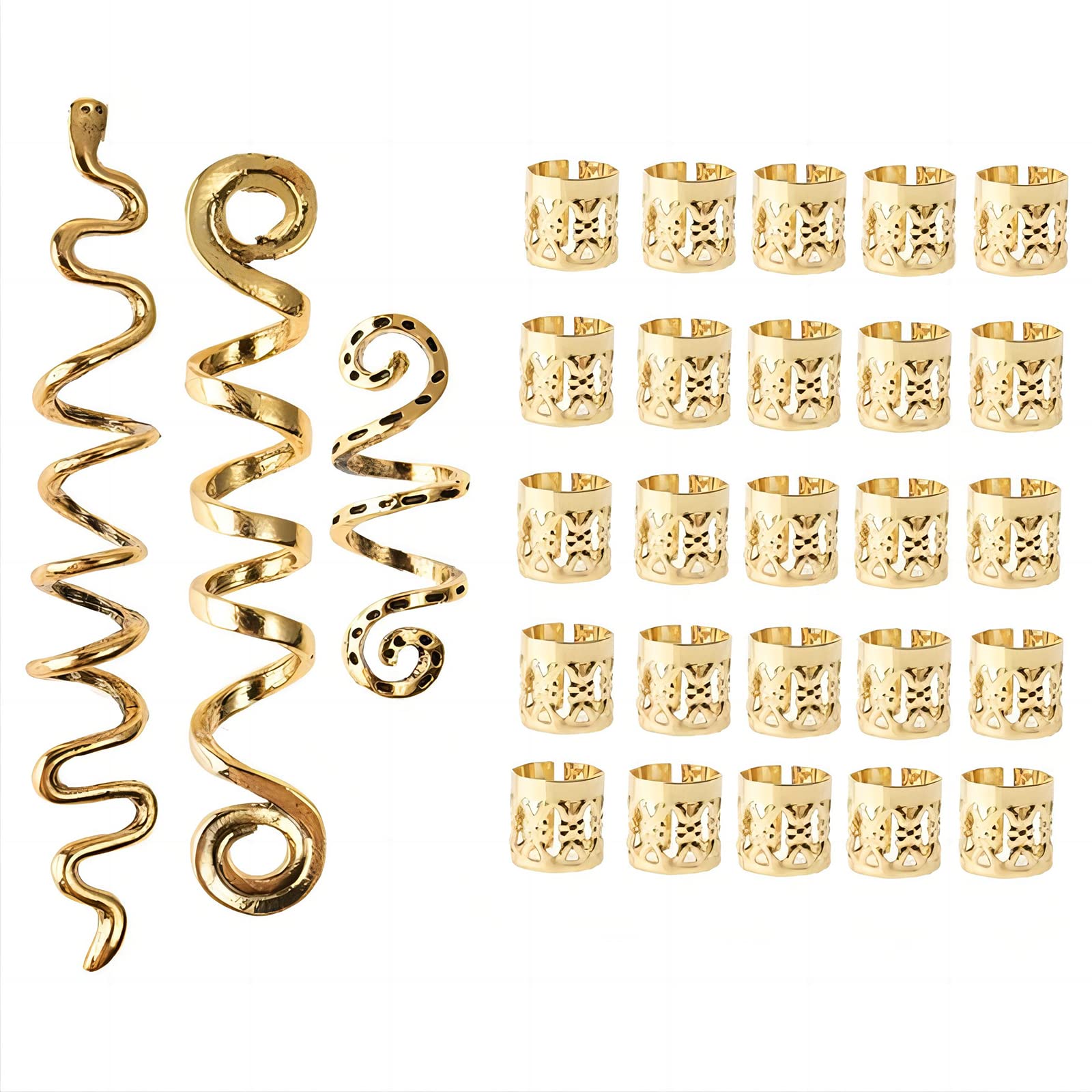 PAITOK 28 PCS Hair Cuffs Spiral Dreadlocks Hair Braiding Beads Set,Gold Adjustable Hair Braid Rings and Spiral Clip Hair Jewellery for Braids Decorations