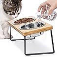 Elevated Cat Bowls for Food and Water - Loplurea 15° Tilted Raised Stainless Steel Cat Food Bowl with Bamboo Stand and Anti Vomit Feeding Station for Indoor Cats and Pet…