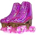 JajaHoho Roller Skates for Women, Magenta Holographic High Top PU Leather Rollerskates, Shiny Double-Row Four Barbie Pink Fushcia Wheels Quad Skates for Girls and Age 8-50 Indoor Outdoor (Plum)