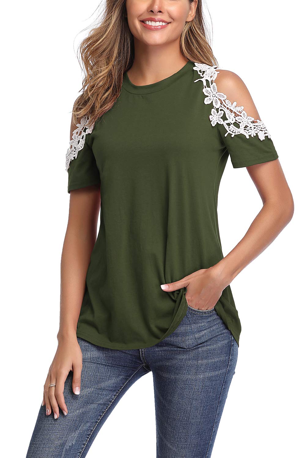 Donnalla Womens Summer Casual Tops Lace Cold Shoulder Short Sleeve Loose Blouse Shirt(Army Green XX-Large)