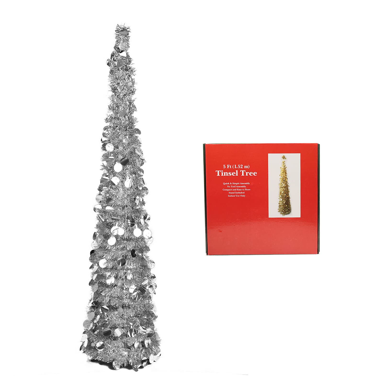 Photo 1 of 5ft Collapsible Artificial Christmas Tree, Pop Up Silver Tinsel Coastal Christmas Tree for Holiday Carnival Party Home Office Fireplace Decorations