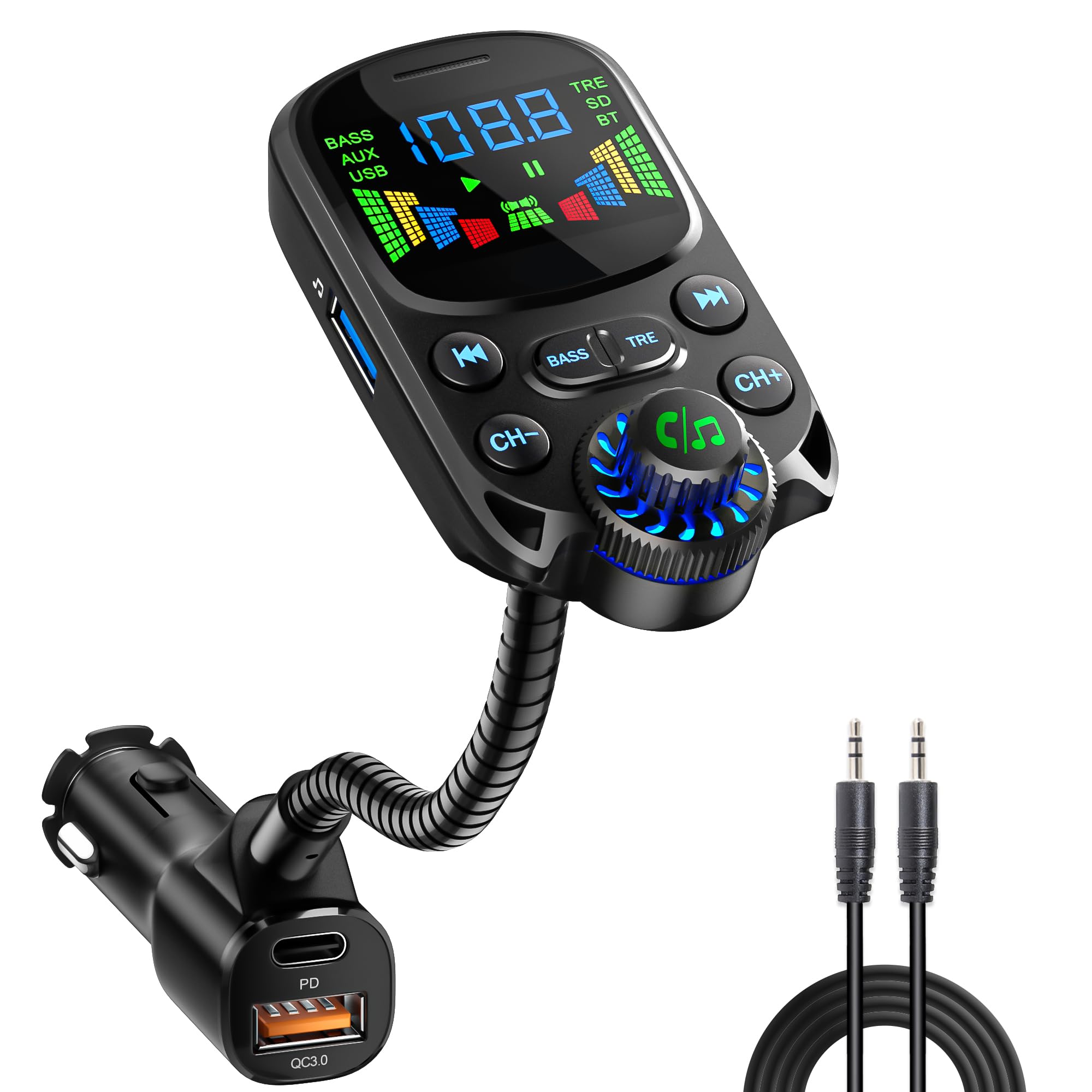Photo 1 of Bluetooth 5.3 FM Transmitter for Car SOARUN Bluetooth Car Adapter PD30W & USB Port Fast Charge, HiFi Treble & Bass Player, 1.6" Display Hands-Free Calling Truck Radio with AUX Input/Output, TF Card