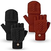 YSense Womens Winter Gloves, 2 Pack Warm Knitted Convertible Fingerless Gloves for Women Gifts with Mittens Cover Cap
