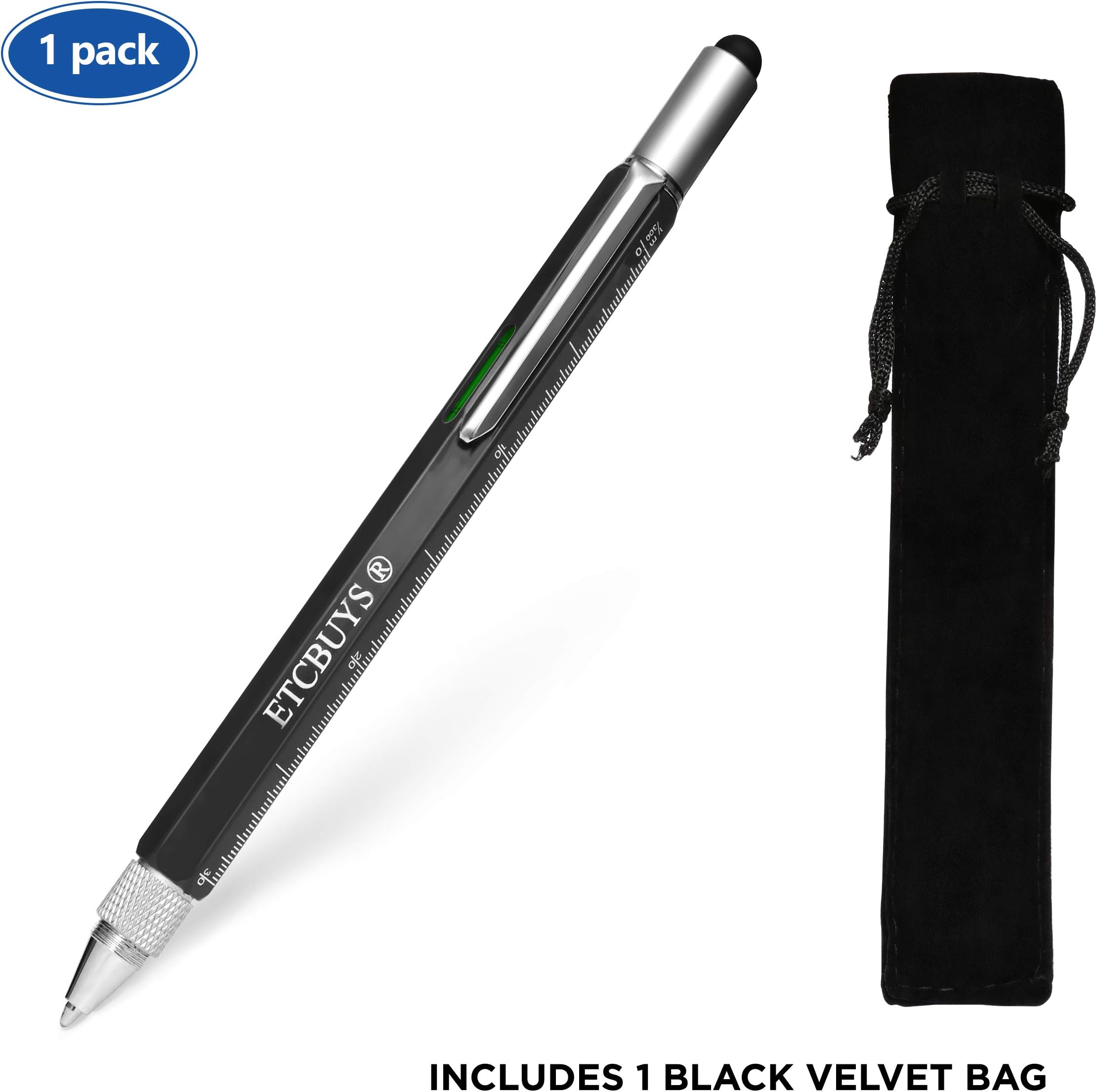 Screwdriver Pen Pocket Multi-Tool 6 in 1 – Multi-Functional & Sturdy Aluminum DIY Tool, With Screwdriver, Stylus, Bubble Level, Ruler & Phillips Flathead Bit, Unique Gift Idea 2 (1 Black)