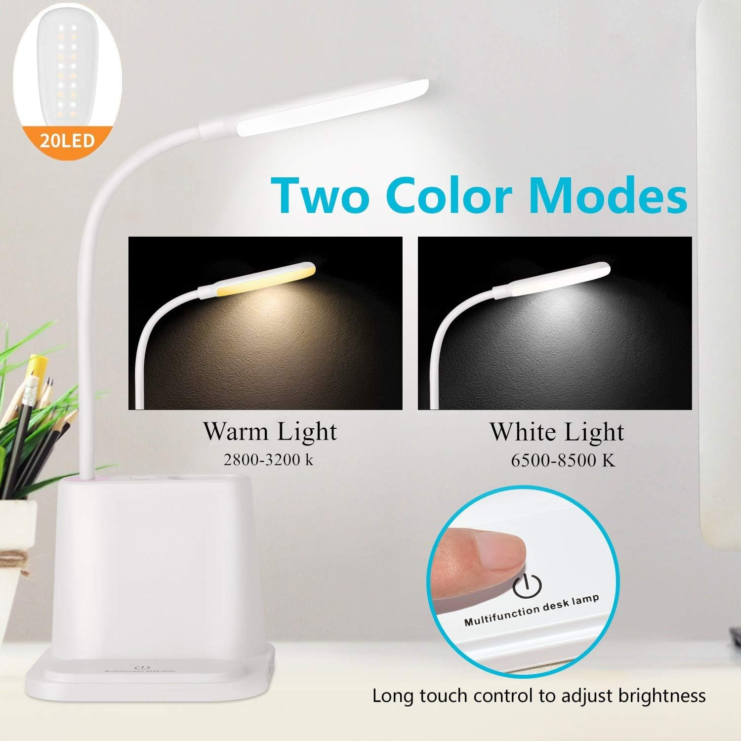 LED Desk Lamp, NovoLido Rechargeable Desk Lamp with USB Charging Port & Pen Holder, 2 Color Modes & Stepless Dimming, 360° Flexible Metal Hose, Mini Cute Lamp for College Dorm Bedroom Reading (White) - - 