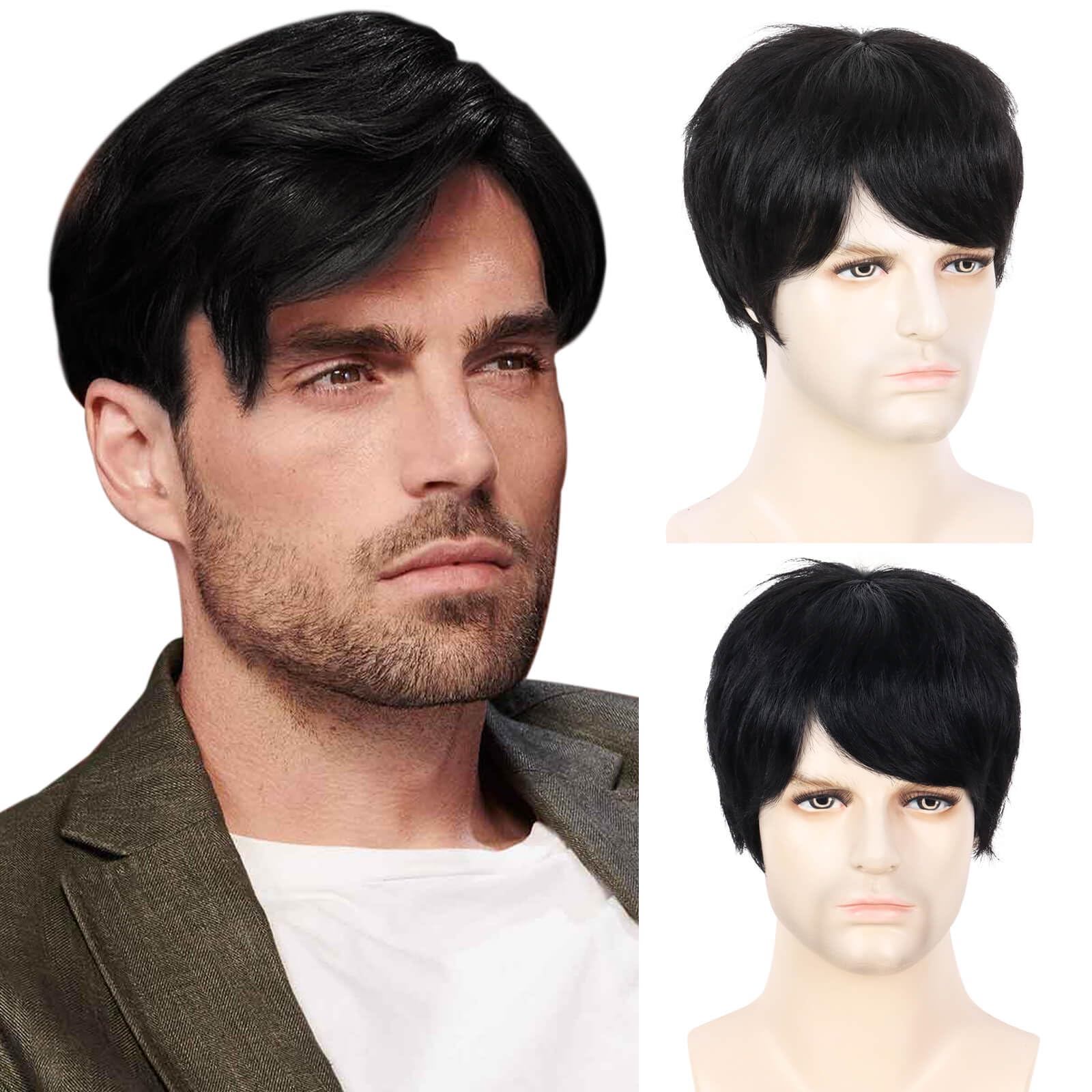QUEENTAS Mens Wigs Real Hair Mens Wig Short Human Hair Wigs for Men Daily Use Cosplay 70s 80s Fancy Dress (Natural Black #1B)