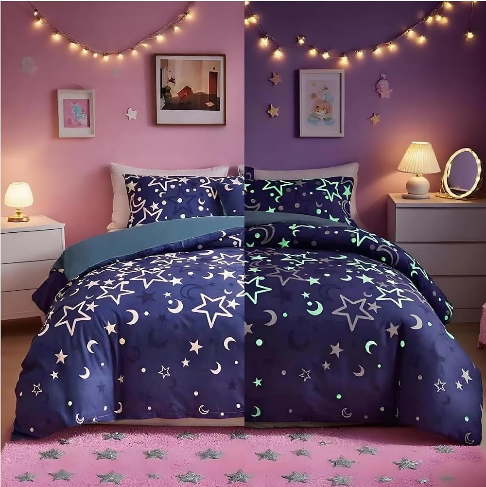 Loussiesd Galaxy Glow Duvet Cover Set for Girls Twin/Double Blue Starry Night