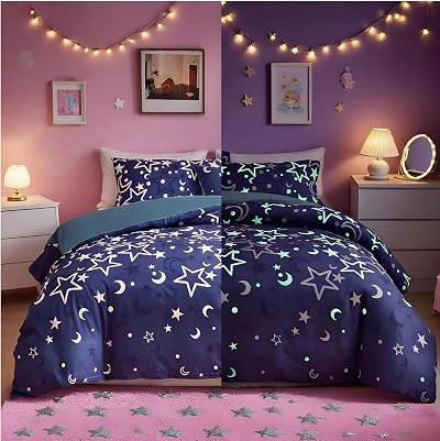 Loussiesd Galaxy Glow Duvet Cover Set for Girls Twin/Double Blue Starry Night