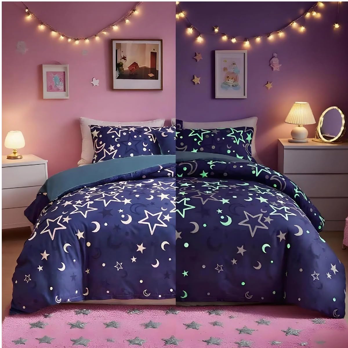 Loussiesd Galaxy Glow in The Dark Bedding Set for Girls Kids Blue Universe Starry Night Duvet Cover Super Soft Glow 200x200cm Bed Outer Space Stars Moon Comforter Cover Set Girl Bedroom — image 1