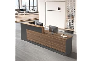 Nuipesn Modern L Shape Reception Desk with Counter – Front Desk Reception Counter with Drawers, Keyboard Tray & Shelves for Office, Salon, Retail, Lobby (Walnut+Iron Gray/Right, 94" L*24" W*41" H)