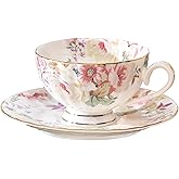 fanquare Pink Floral Tea Cup and Saucer Set with Spoon, 8 Ounce Porcelain Coffee Cup with Gold Trim, Vintage Peony Teacups for Women and Tea Parties