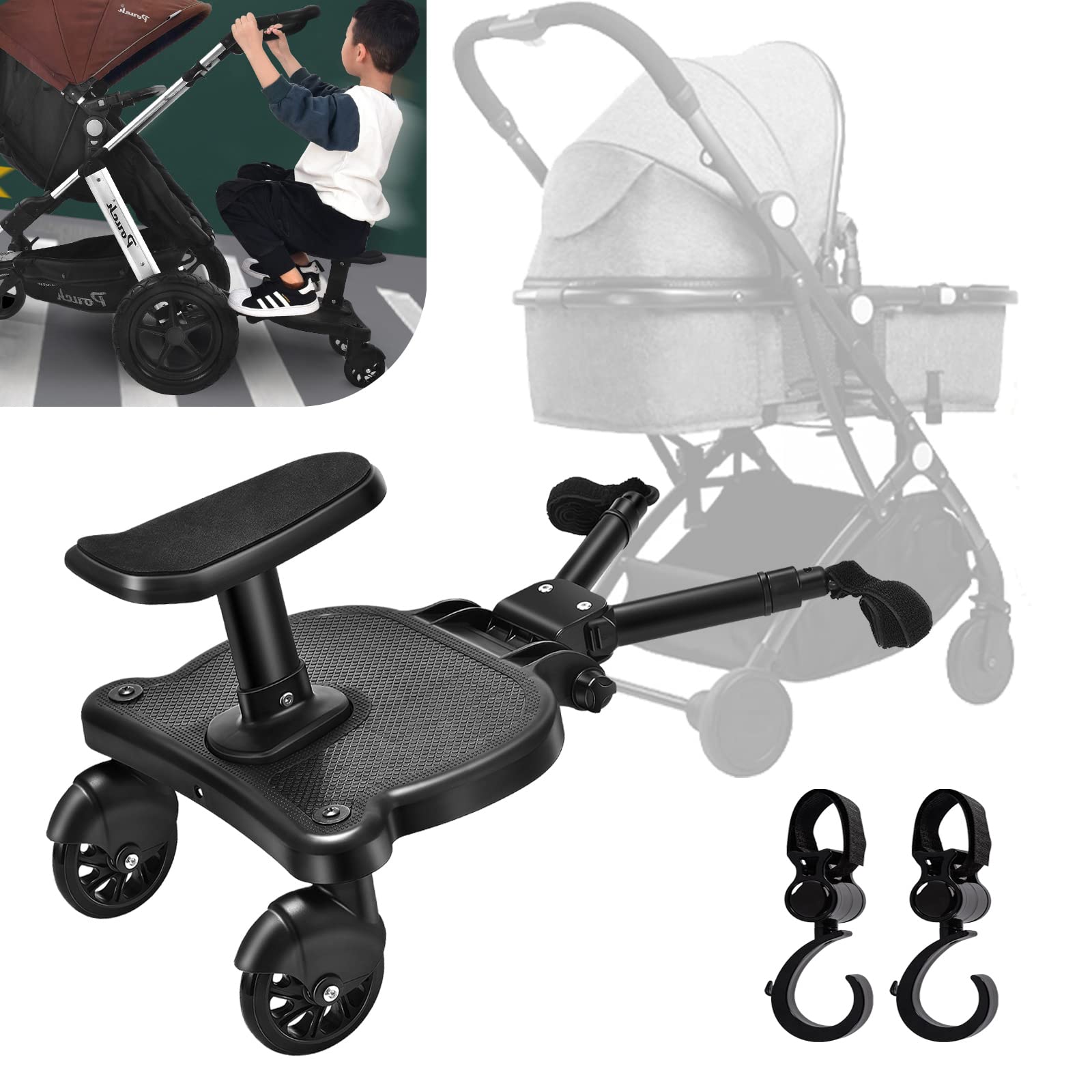 Vihir Universal Buggy Board with Seat, Kiddy Board, Pram Accessory for Children from 2-6 Years (25 kg), Compatible with Almost Every Stroller and Pram, Black, with 2 pram Hooks