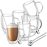 FULGNU Double Wall Glass Coffee Mugs, 12 Oz Clear Coffee Mugs with Handle, Insulated Glass Coffee Mugs Set of 6, Perfect for Espresso, Cappuccino, Latte, Americano, Tea Bag, Beverage