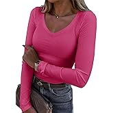 Roselux Womens Long Sleeve V Neck Ribbed Knit Fitted Casual Tops Tee Slim Basic Shirt