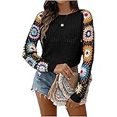MAKEMECHIC Women's Floral Crochet Sweaters Long Sleeve Hollow Out Knit Vacation Tops