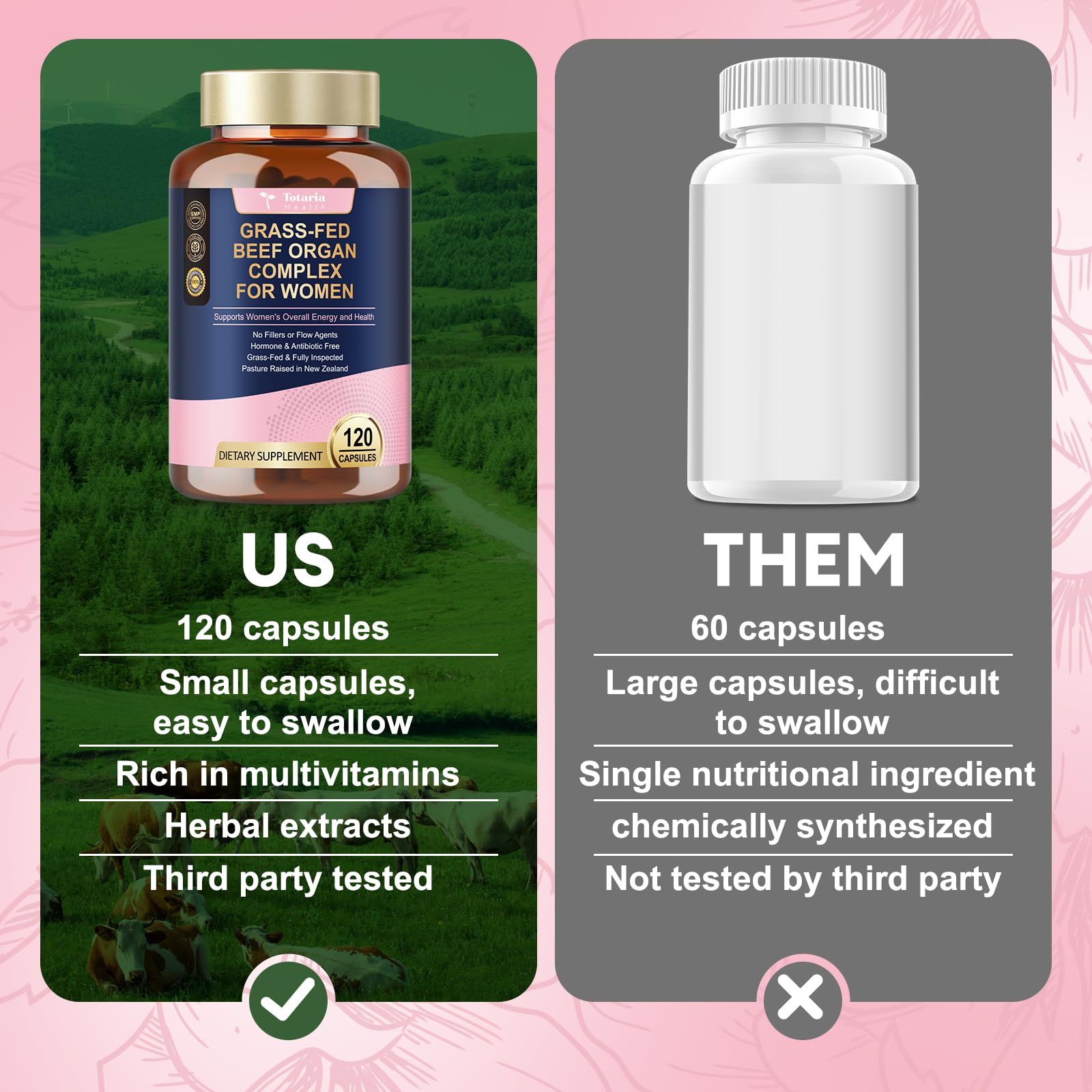 Beef Organ Supplement for Women - Beef Liver, Kidney, Heart,Uterus Tissue - Balance Hormones & Women's Overall Energy - Grass Fed, Pasture Raised - Natural Iron Supplement with Folate - 120 Capsules