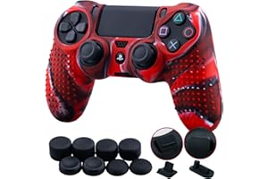 9CDeer 1 Piece of Silicone Studded Dots Protective Sleeve Case Cover Skin + 8 Thumb Grips Analog Caps + 2 dust Proof Plugs for PS4/Slim/Pro Controller, Camouflage Red