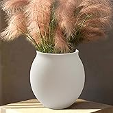 Kayolin Round Wide Mouth White Ceramic Vase -9.7" Large Flower Pot with Drainage Hole for Indoor Plants, Gravel Textured Cream White Vase & Planter for Home Decor