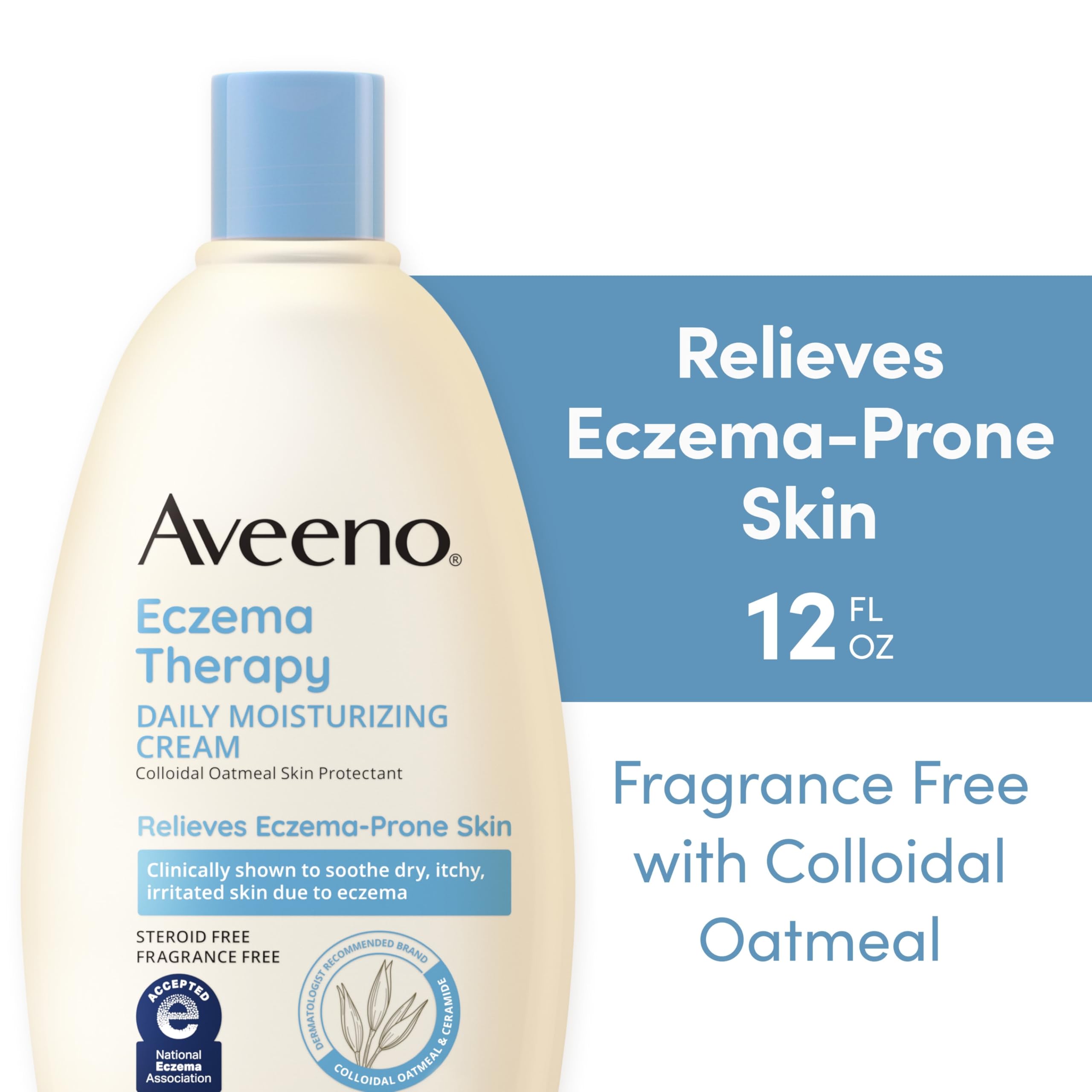 Aveeno Eczema Therapy Daily Moisturizing Body Cream for Sensitive Skin, Soothing Eczema Relief Cream, Colloidal Oatmeal & Ceramide for Dry & Itchy Skin, Steroid- & Fragrance-Free, 12 oz