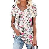 ROSELINLIN Women's Short Sleeve Shirts Floral Summer Tops Loose Fit for Leggings