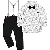 DISAUR Boys Dress Clothes Wedding Ring Bearer Outfit Boy Formal Suits Dress Shirt with Bow Tie +Suspender Pants Set
