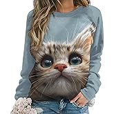 Biacolum Long Sleeve Shirts for Women Japanese Art Funny Cat 3D Graphic Sweatshirts Fall Pullover Crewneck Comfy Boho Tops