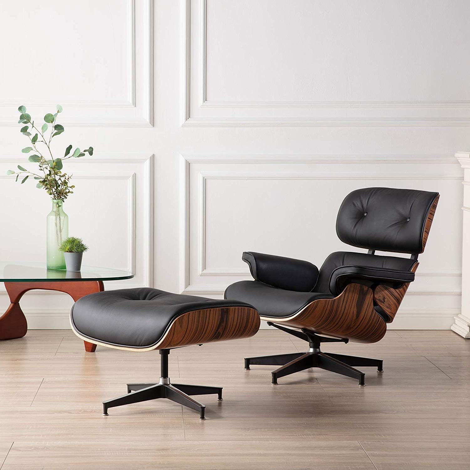 Lounge Chair and Ottoman, Mid Century Arm Chair Classic Design Modern Chair Replica Plywood Wood with Full Grain Leather, Heavy Duty Base Support for Living Room (Palisander Black - Upgraded)