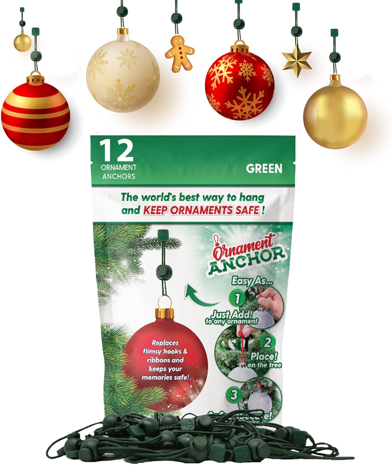 Ornament Hooks - ORNAMENT ANCHOR Ornament Hooks for Hanging Christmas Decorations - No-Slip Hanging Hooks for Xmas - Heavy Duty Christmas Tree Ornaments Hanger Hooks for Small & Large Ornaments (Green, 12 Count)