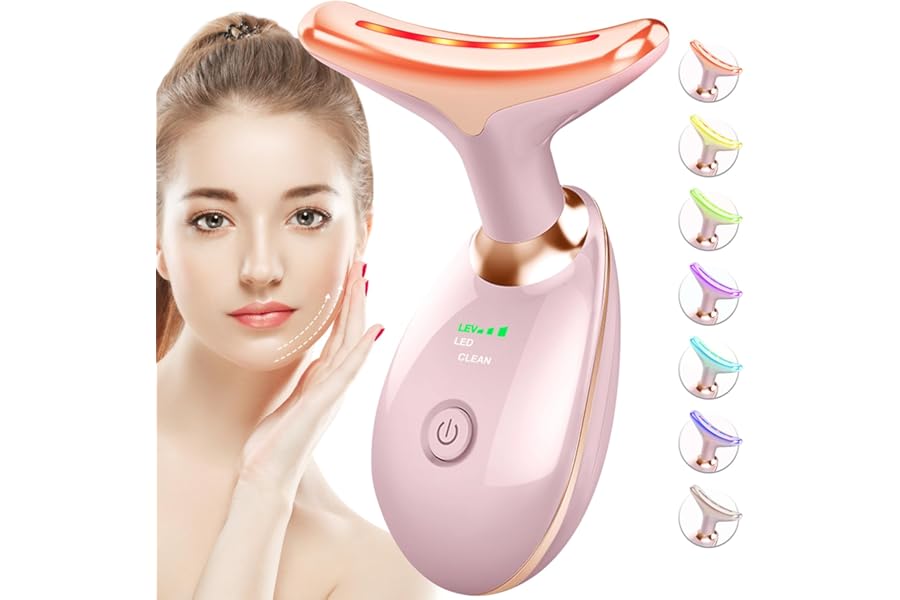 SDKWDH Red-Light-Therapy-for-Face-and-Neck, 7 Color Face Massager Tool for Wrinkles, Double Chin, Vibrating Facial Massager with Thermals for Skin Care, Glossy Pink